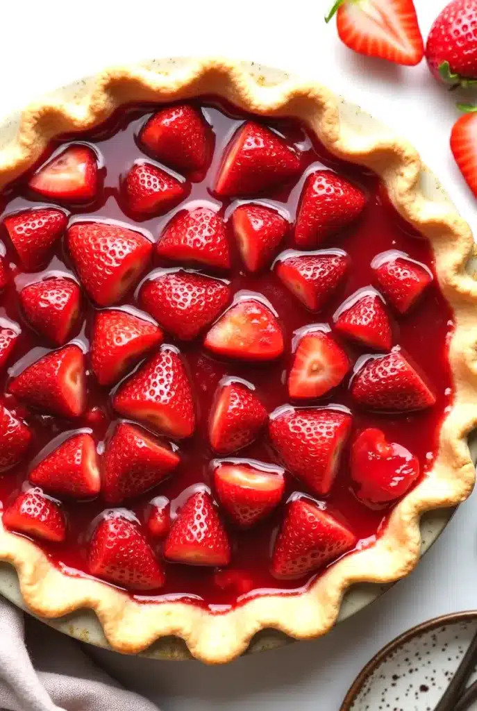 Home page 1 Classic strawberry pie seen from the top, perfect summer dessert with golden edges