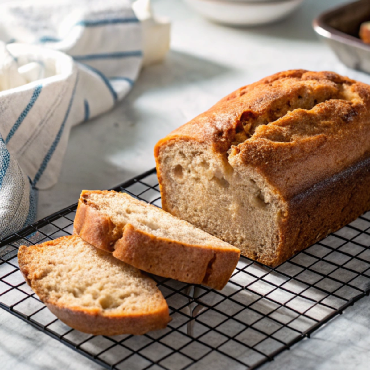 Moist banana bread loaf with slices on wire rack