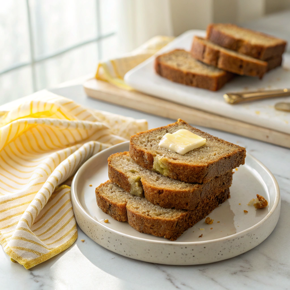 Banana bread slices with melting butter on ceramic plate
