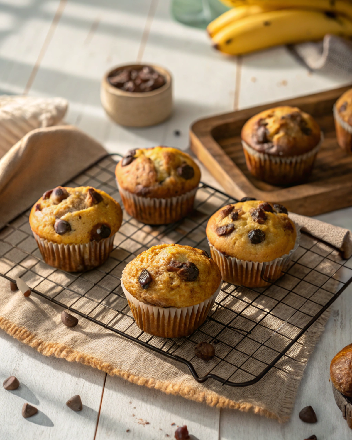 Freshly baked banana chocolate chip muffins on rustic cooling rack