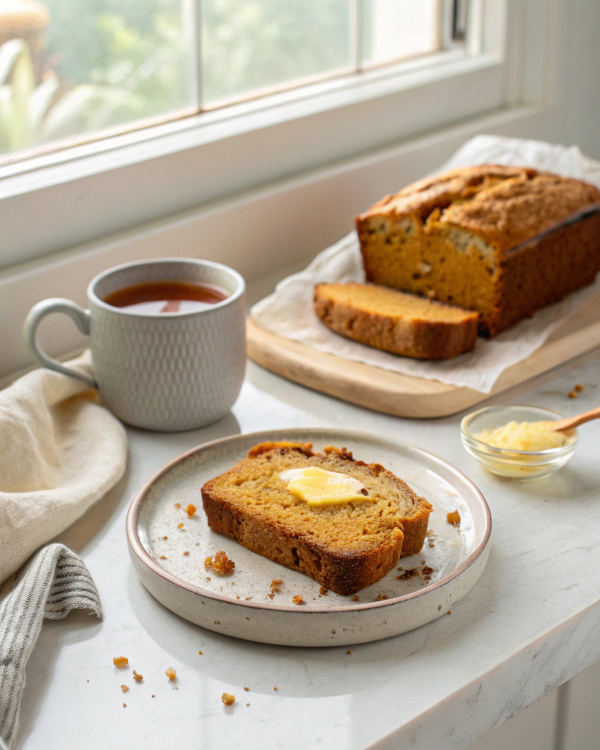 Sweet potato bread slice with butter and tea on marble counter