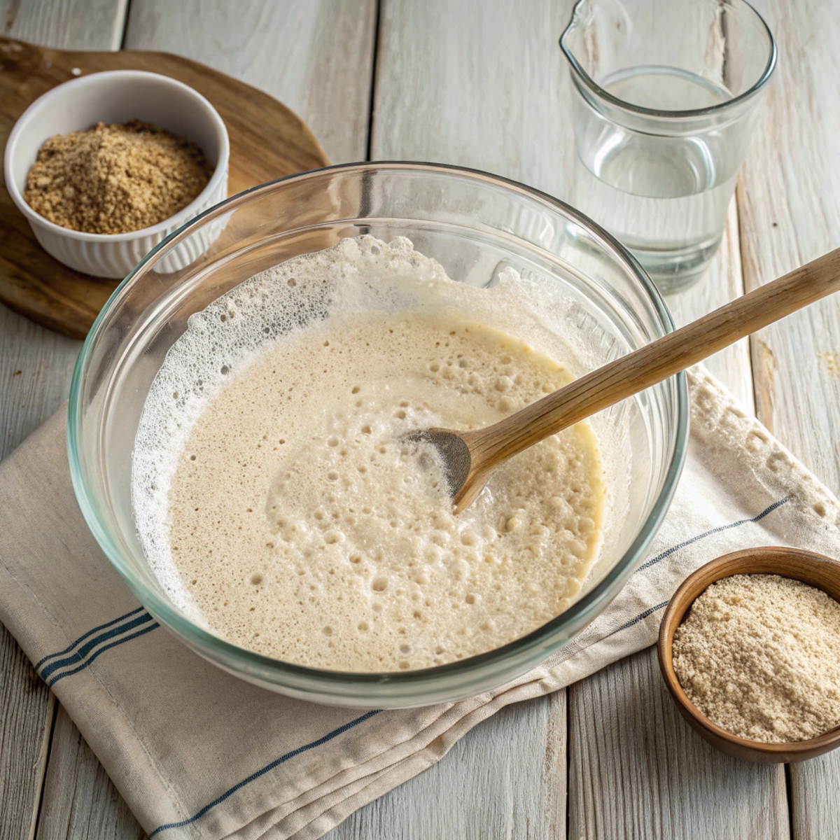 Gluten-free sourdough starter with brown rice flour and water in a glass bowl