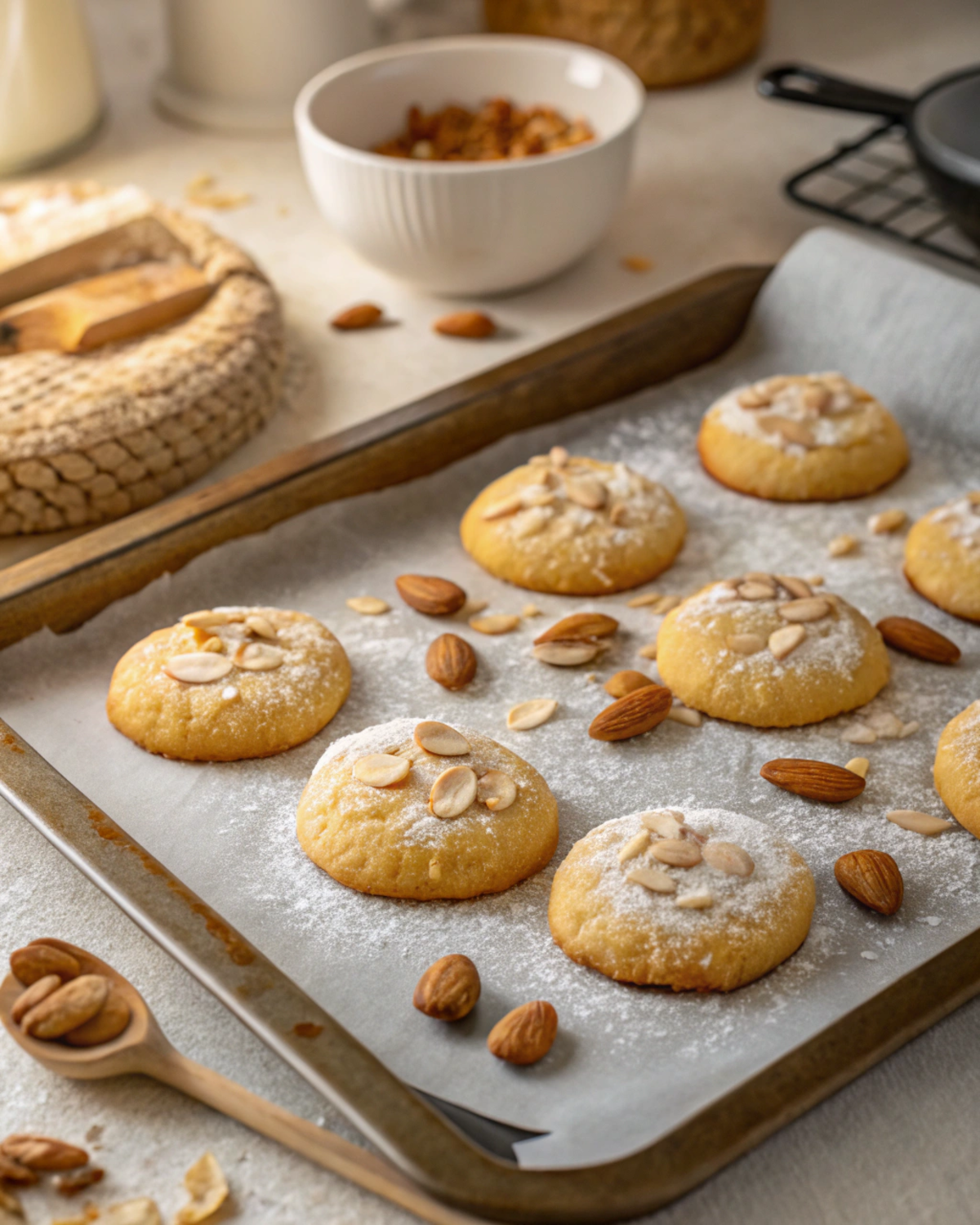 Badam cookies recipe with golden edges cooling on parchment paper