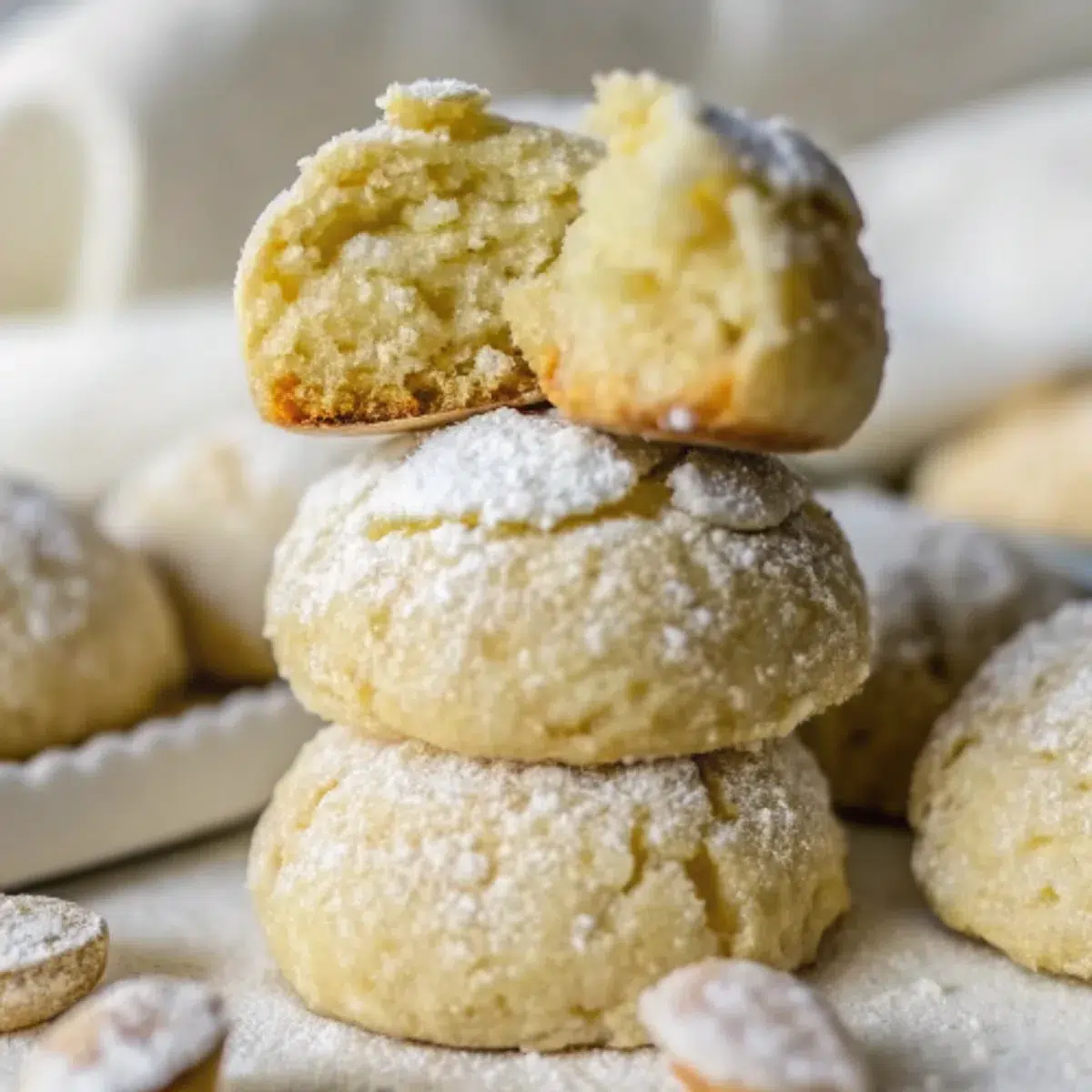 Chewy badam cookies stacked and dusted with powdered sugar