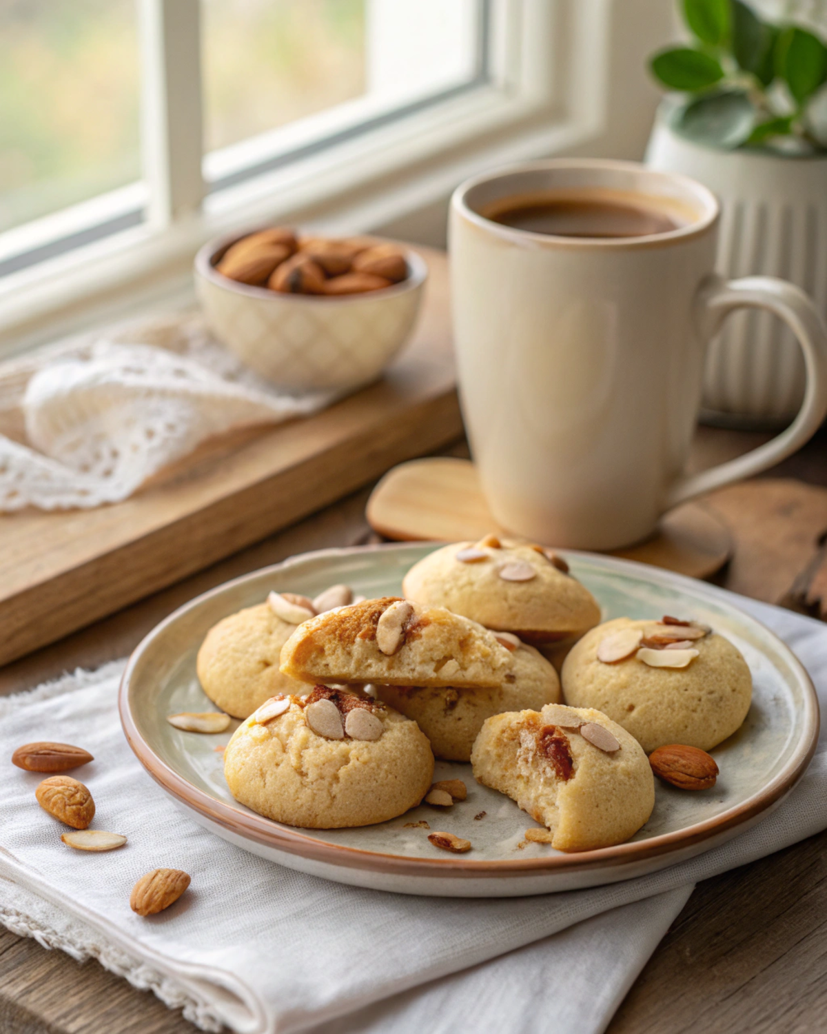 Plate of badam cookies recipe served with chai on a wooden table