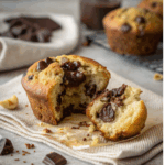 Close-up of banana chocolate muffin split in half