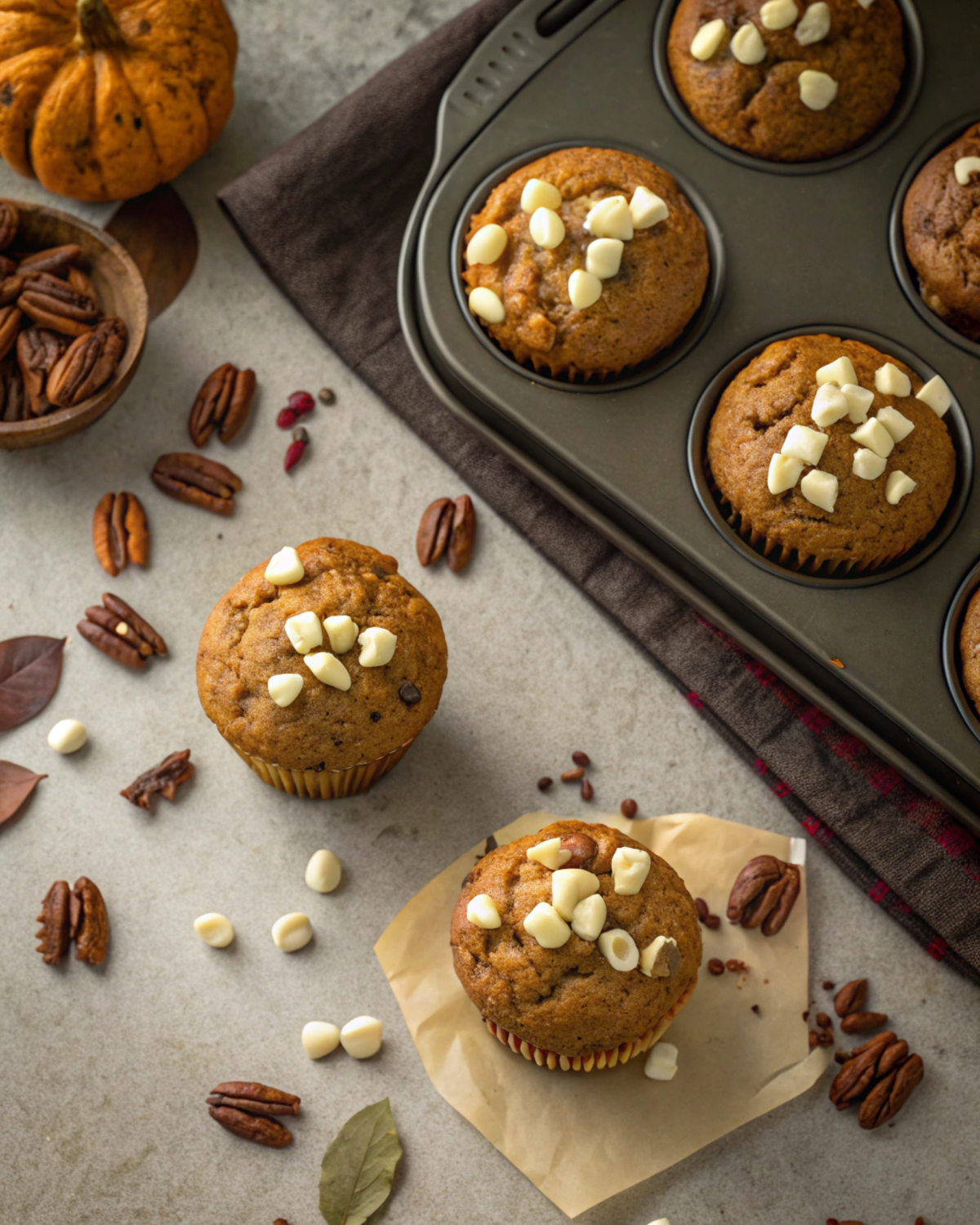 Banana chocolate chip muffins with pecans on top