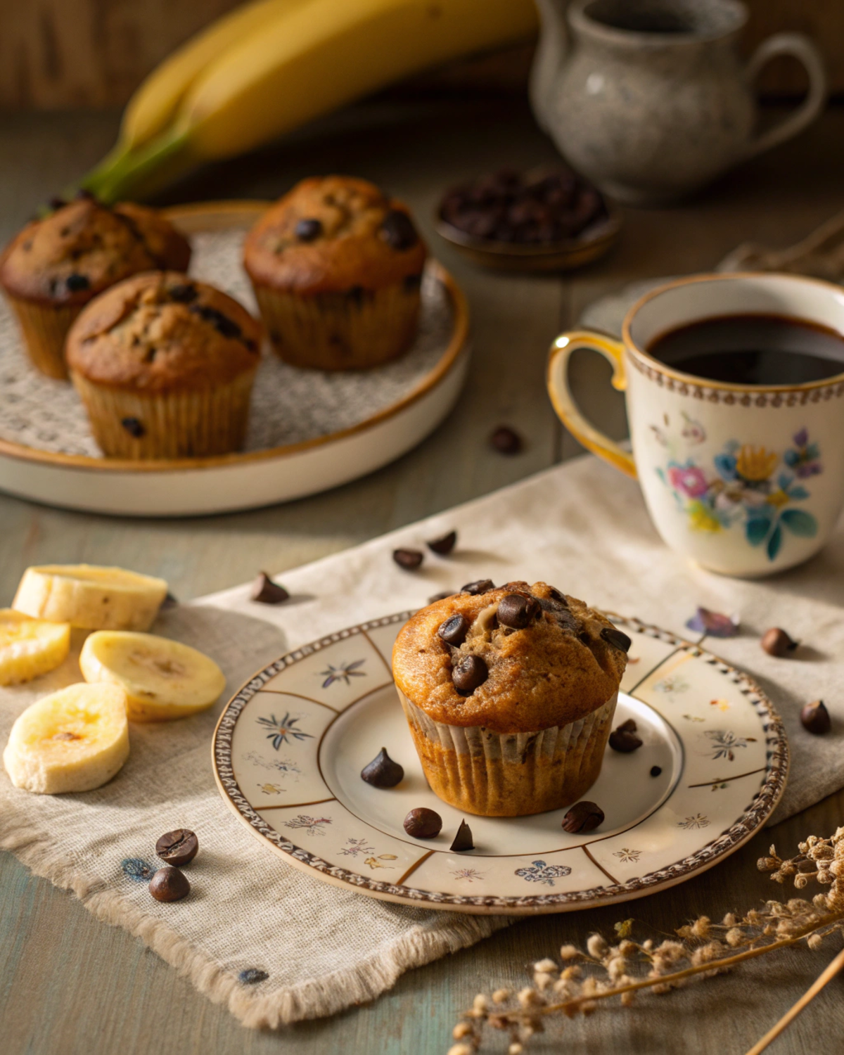 Banana muffins served on plate with coffee