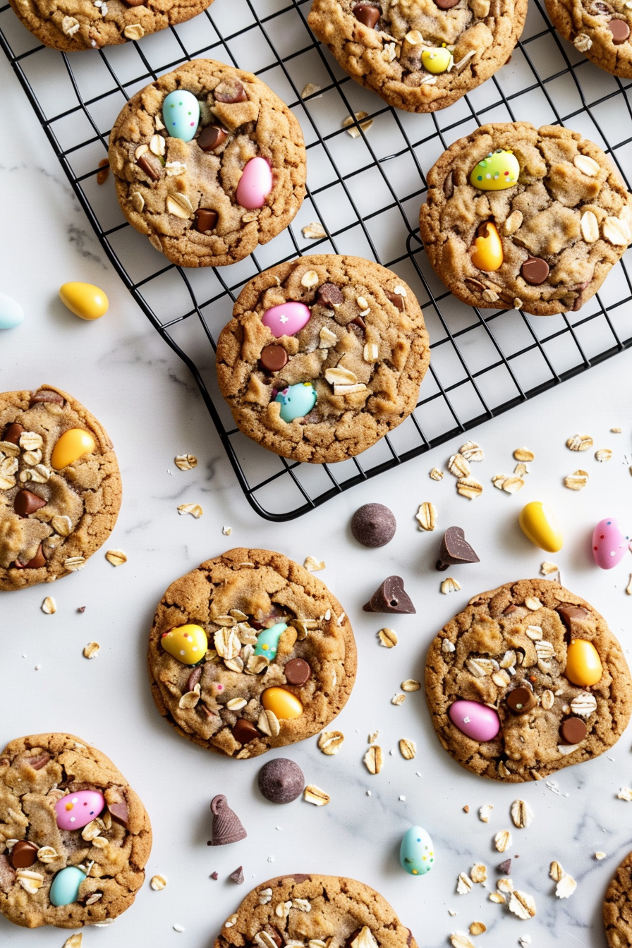 Thick oatmeal cookies with crushed Cadbury eggs on a marble surface