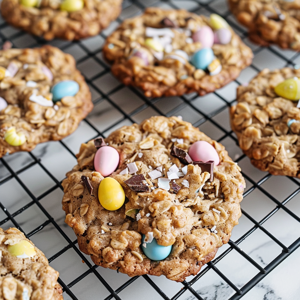 Close-up of a Cadbury egg cookie resting on a cooling rack with colorful mini eggs