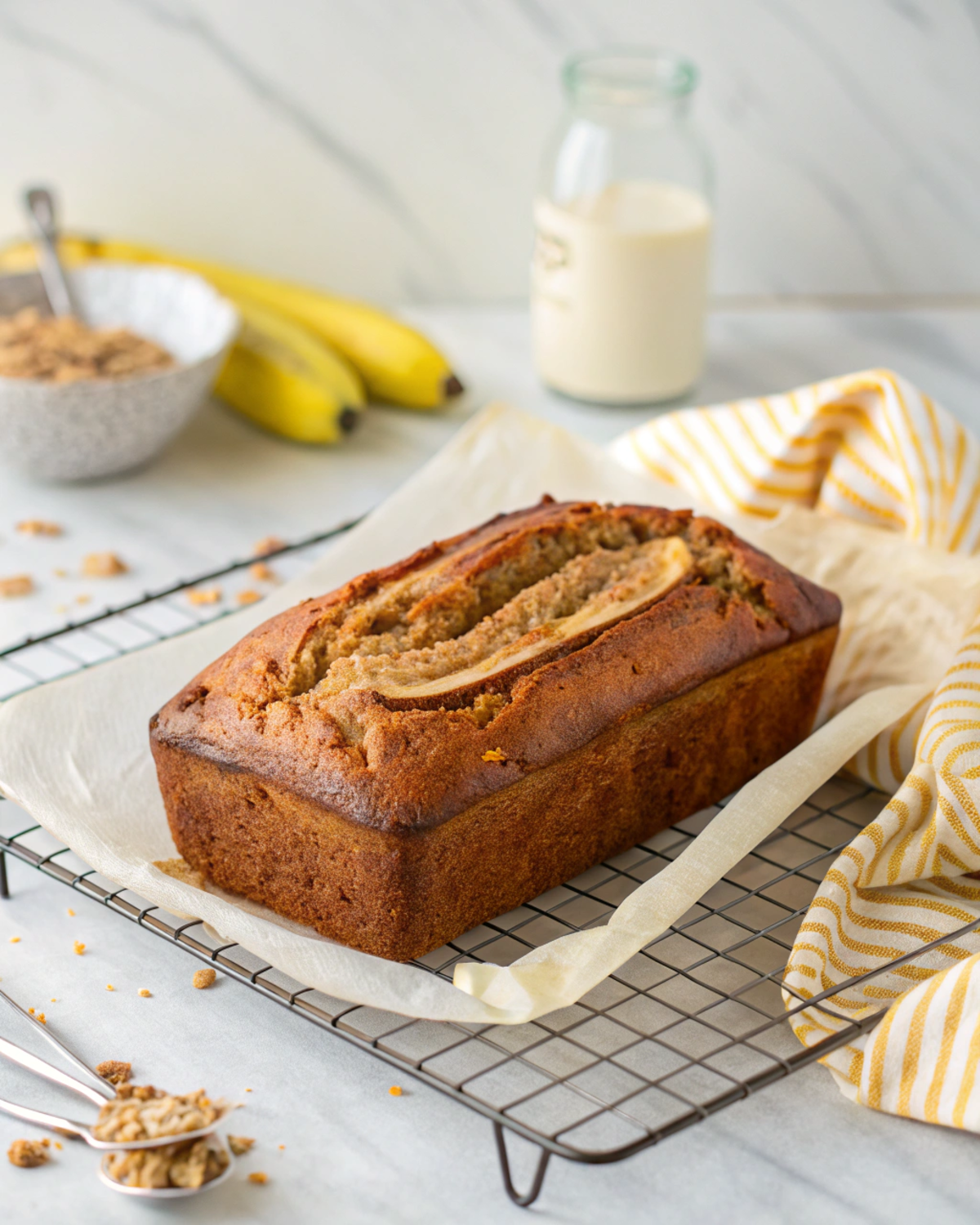 2 Banana Bread Recipe That’s Moist but Simple 5 Golden banana bread loaf cooling on wire rack