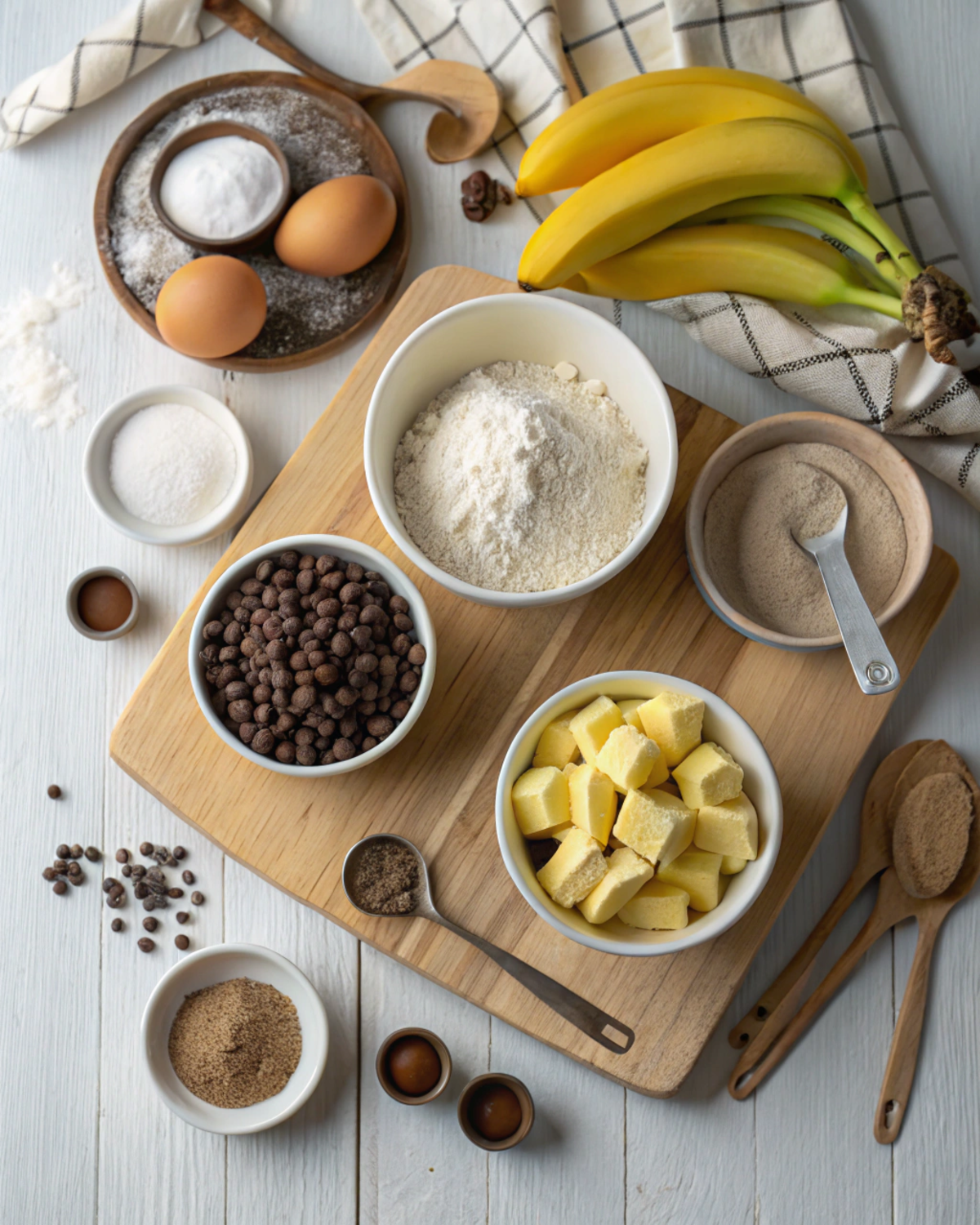 Ingredients for banana chocolate chip muffins on wooden surface