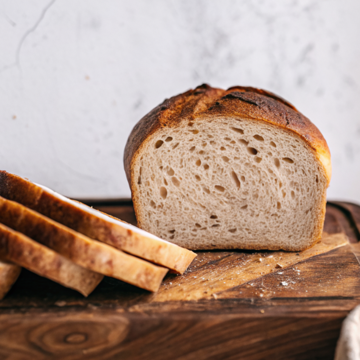Sliced gluten-free sourdough bread loaf on a wooden board