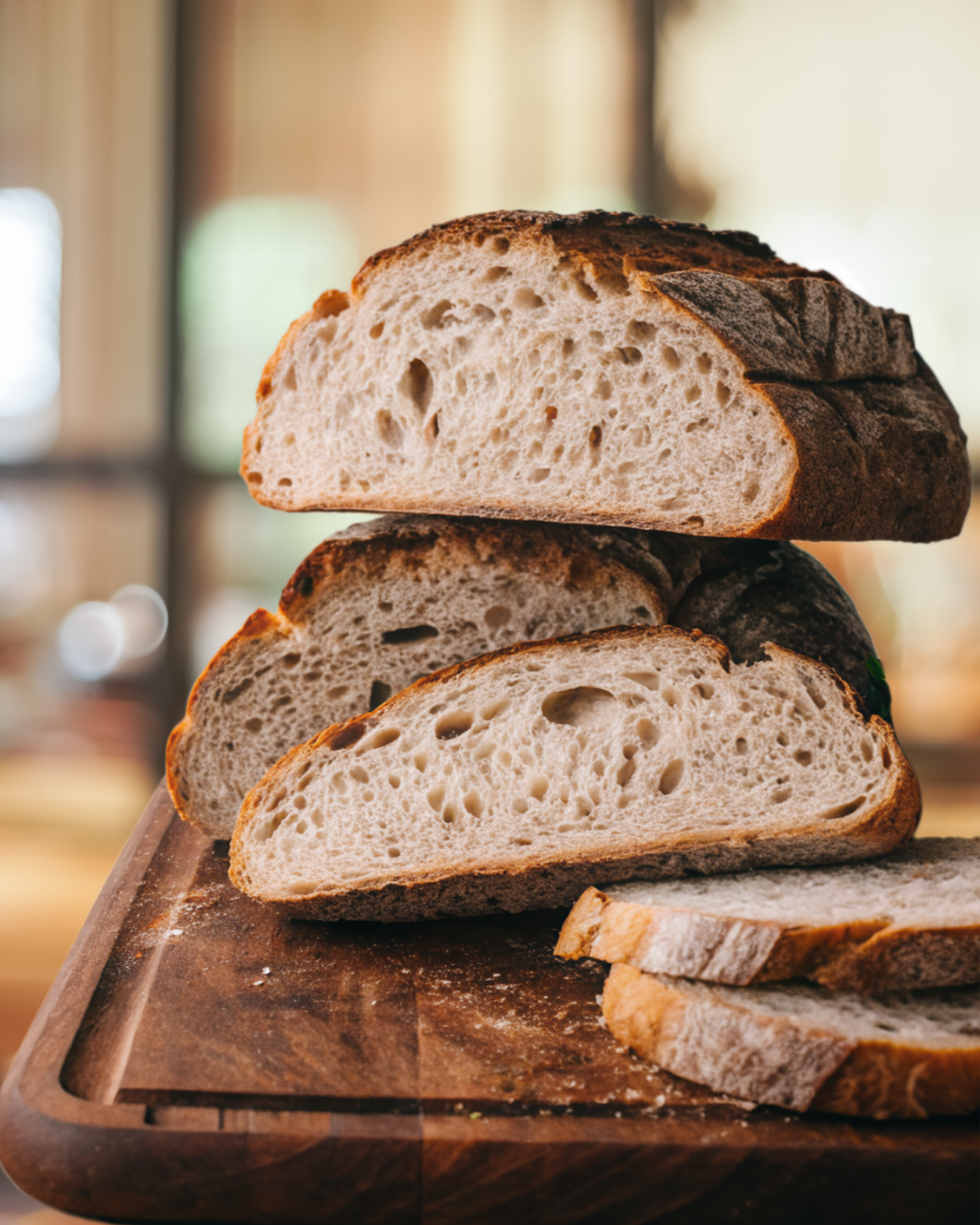 Loaf of gluten-free sourdough bread sliced on a wooden board, showing golden crust and airy crumb.