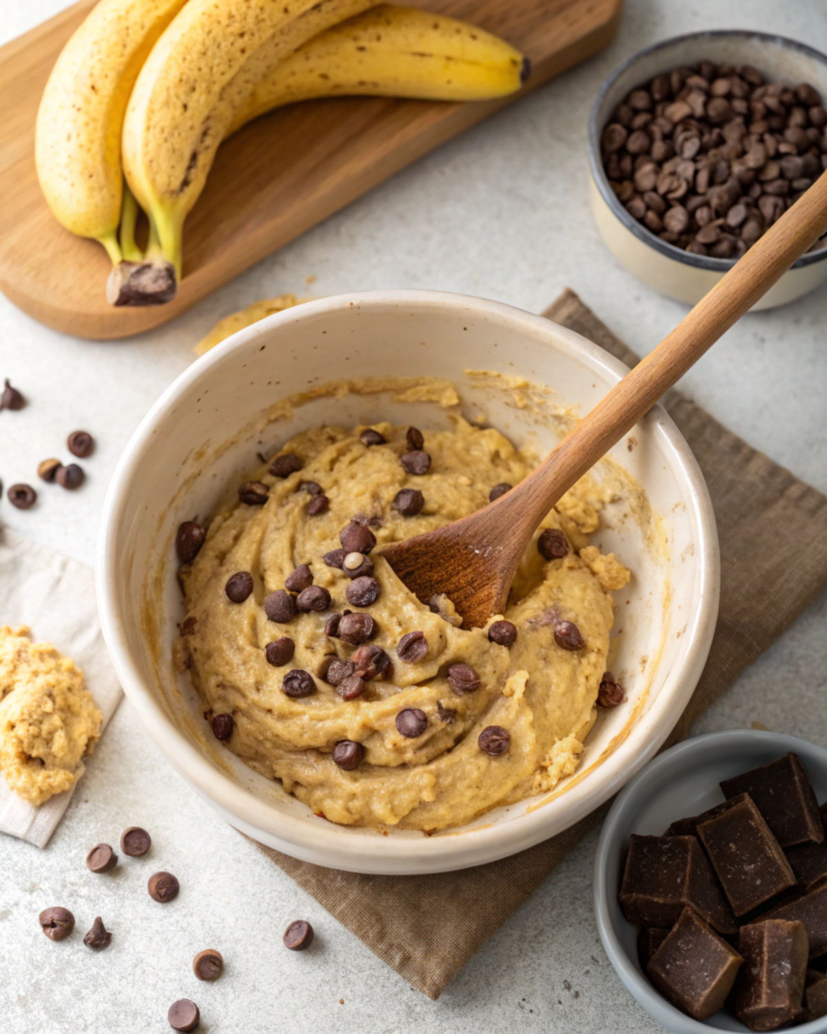 Mixing muffin batter with chocolate chips in a bowl