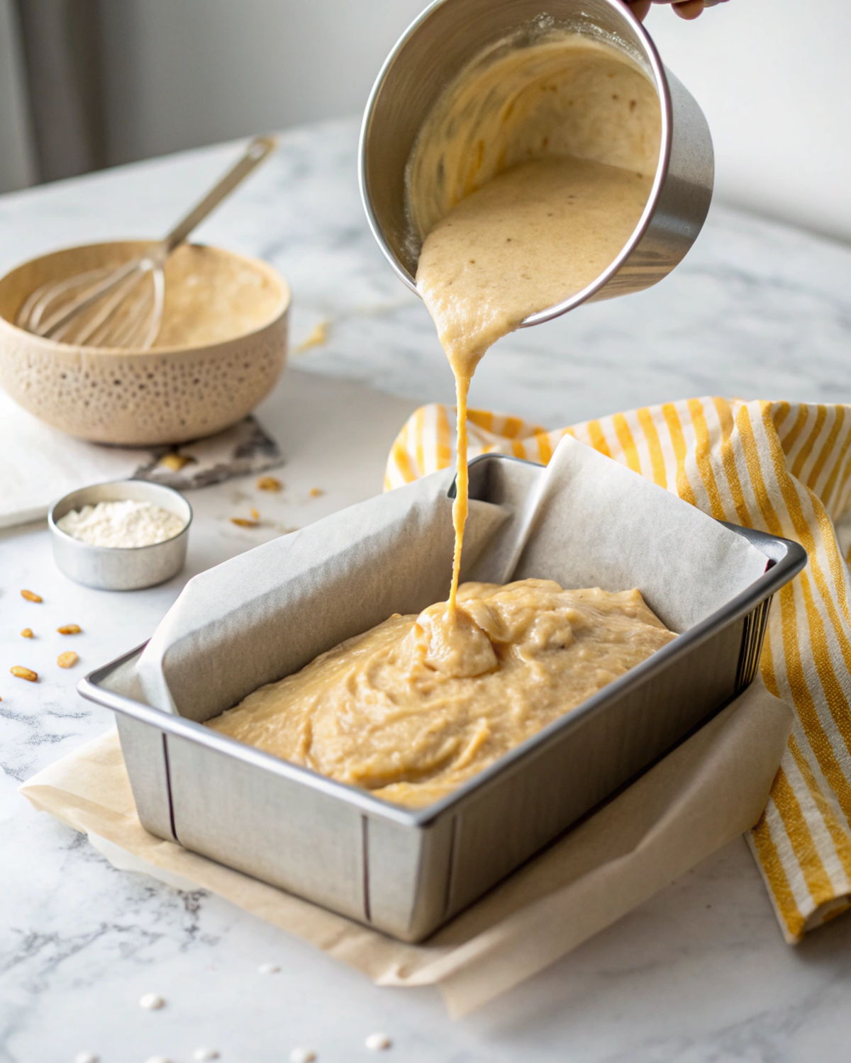 Banana bread batter being poured into metal loaf pan.