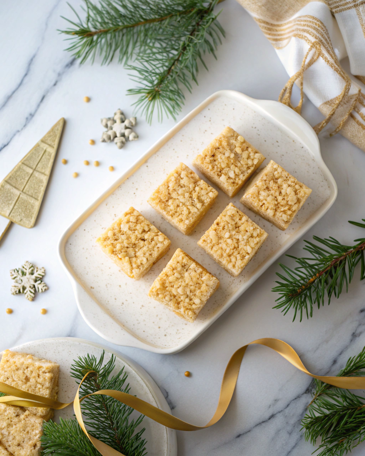 rice-krispie-treats-with-marshmallow-fluff-on a plate Overhead view of gooey Rice Krispie Treats on parchment in a bright kitchen