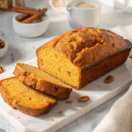 Sliced sweet potato bread on white marble with cinnamon and pecans