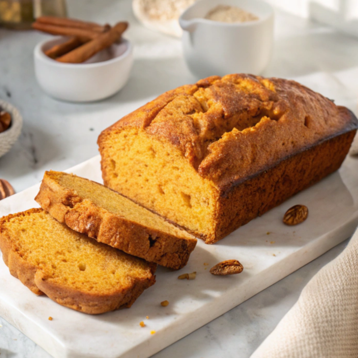 Sliced sweet potato bread on white marble with cinnamon and pecans