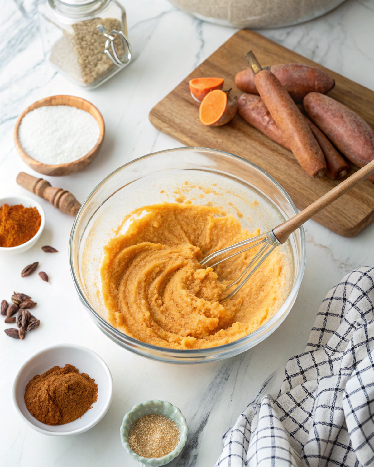 Mixing sweet potato bread batter on a white marble countertop
