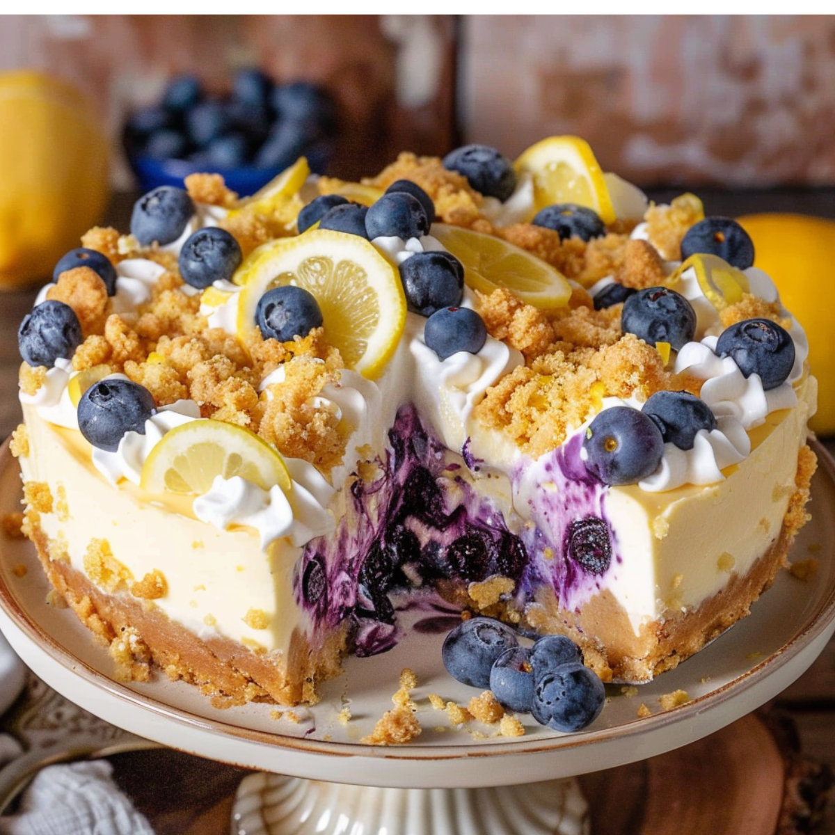 Lemon blueberry crumble cheesecake topped with whipped cream, blueberries, and lemon slice on a rustic plate