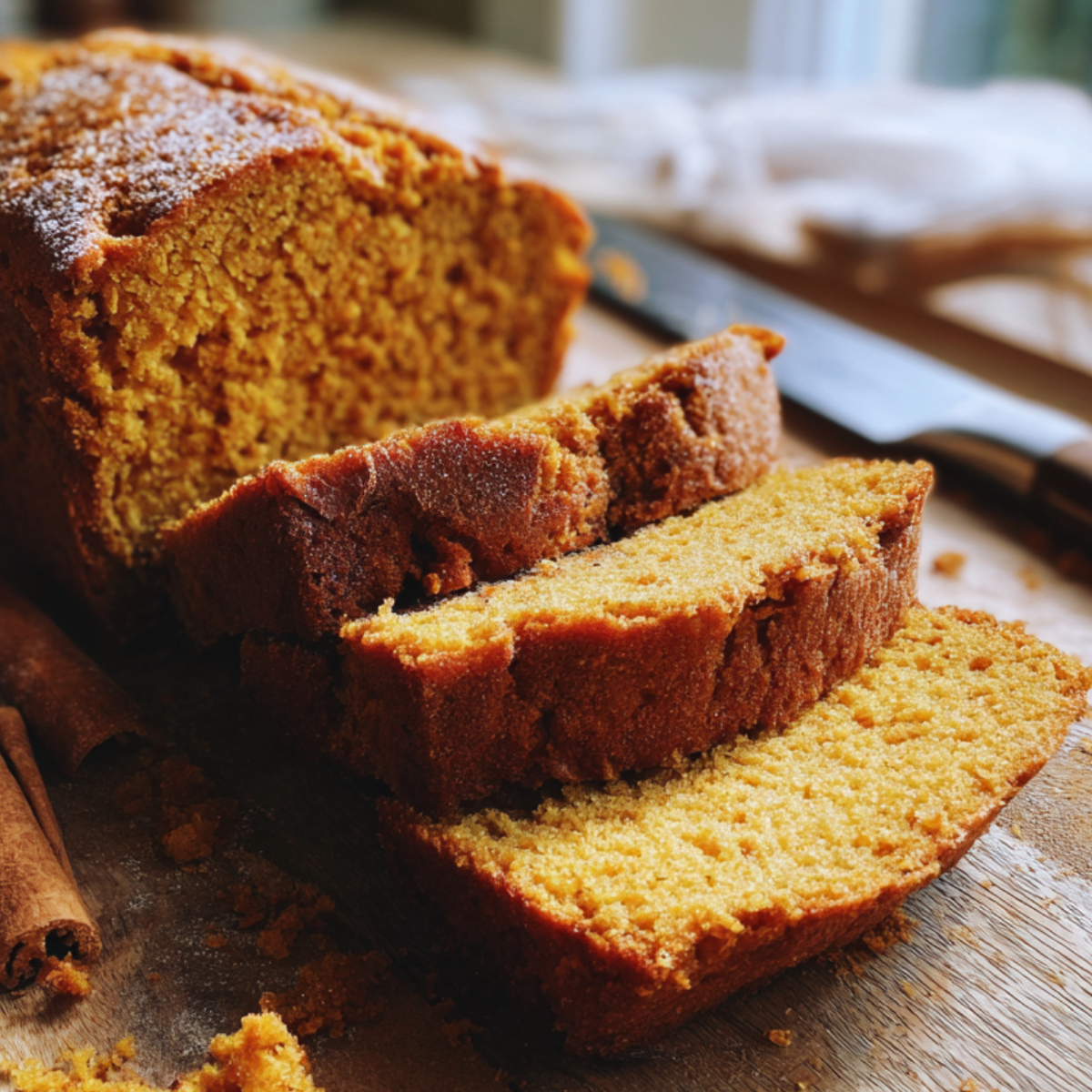 Close-up slices of moist pumpkin bread with streusel on wooden board