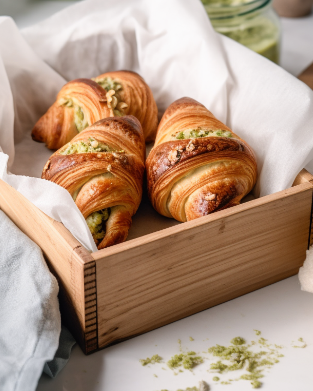 Pistachio croissants in parchment-lined box on marble with striped towel