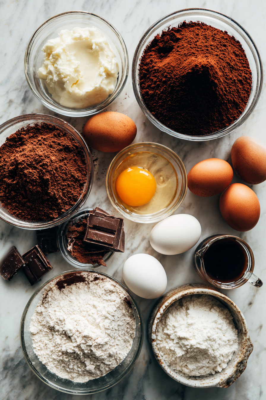 Chocolate cake ingredients arranged in bowls