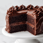 Layered chocolate cake with chocolate chips and buttercream