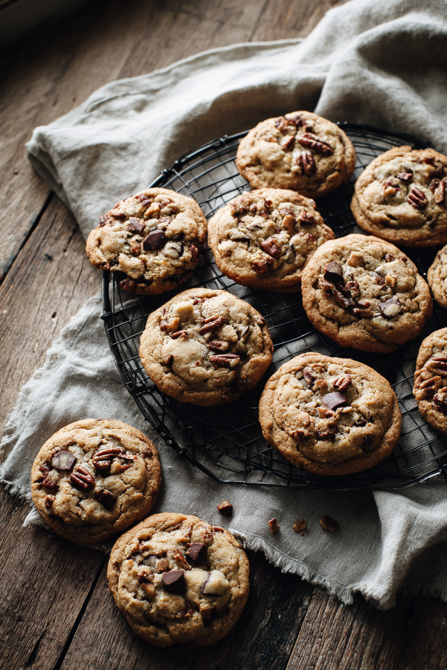 chocolate chip pecan cookies cooling rack