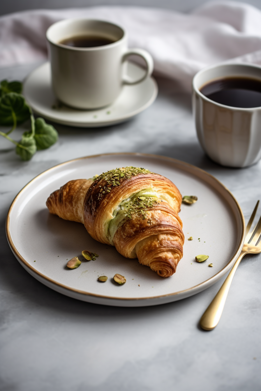 Pistachio croissant with espresso on marble counter