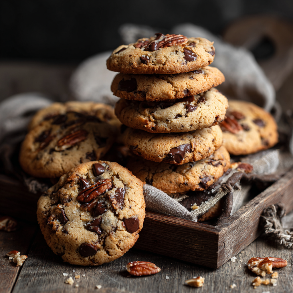Stack of chocolate chip pecan cookies with golden edges and melted chocolate chips on a wooden tray