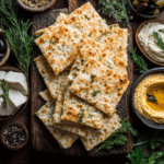 Crispy lavash bread crackers with cheese and dip