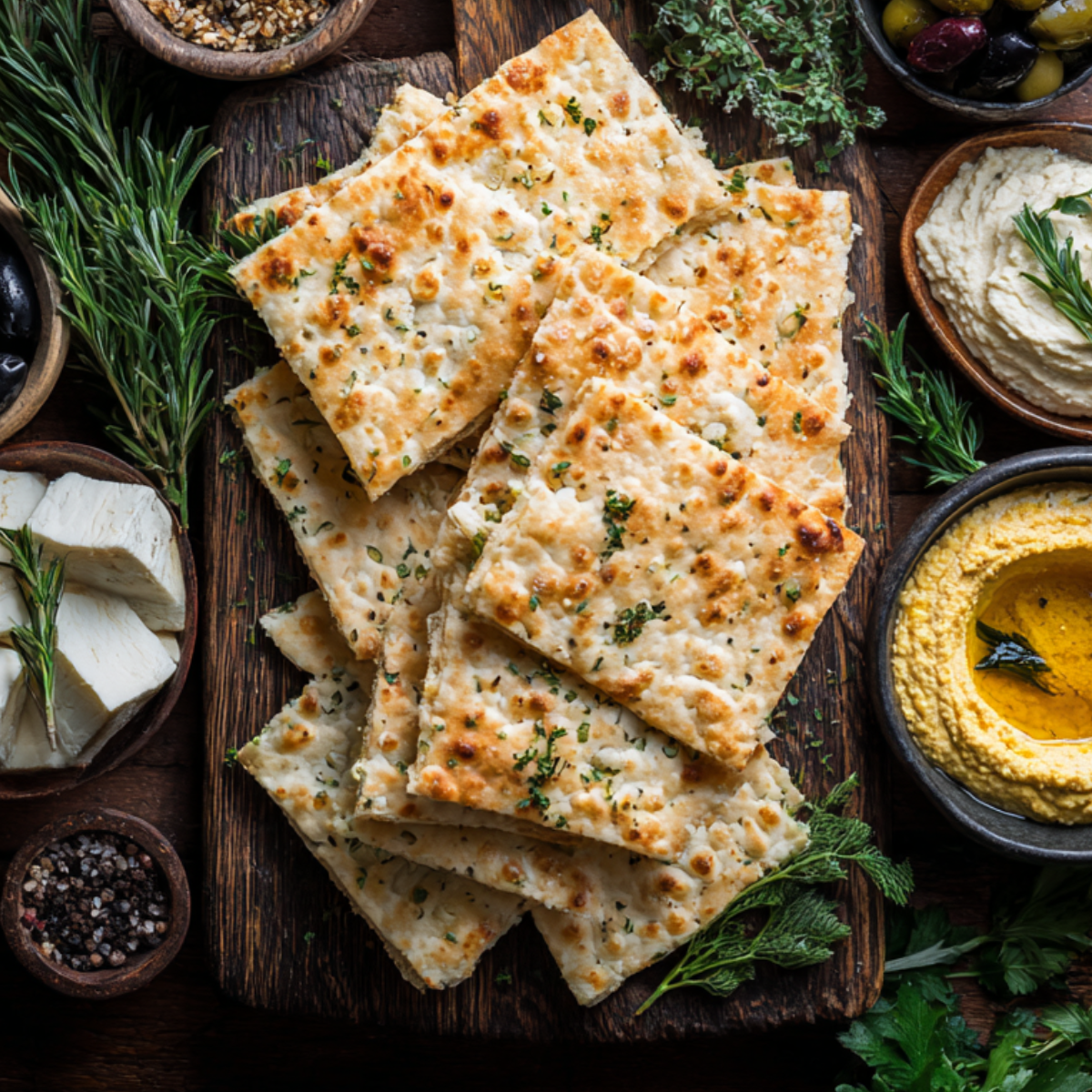 Crispy lavash bread crackers with cheese and dip