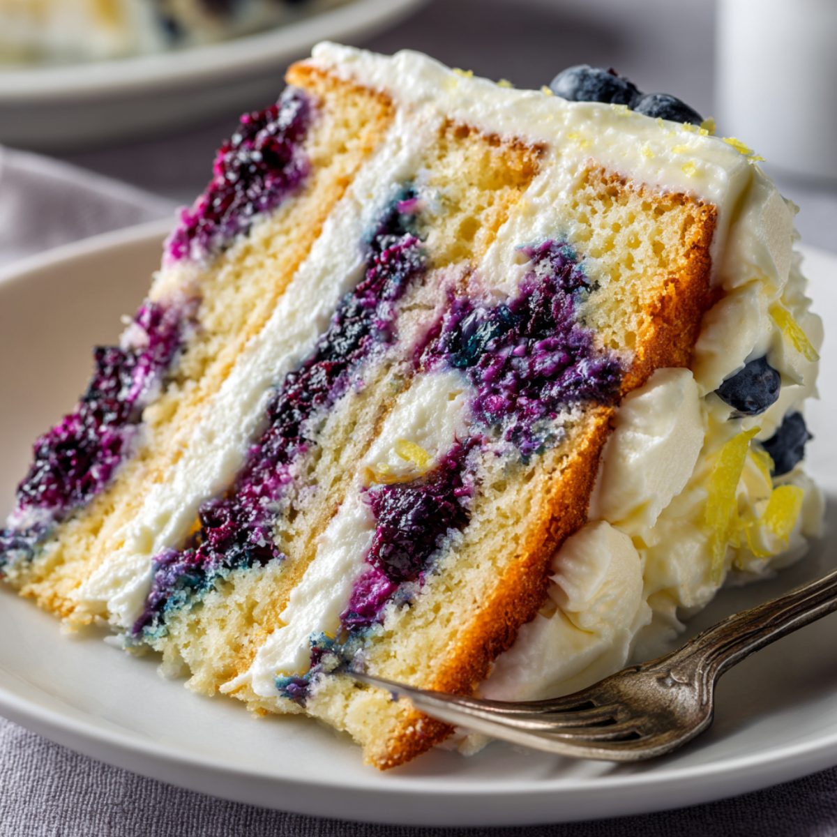 Sliced lemon blueberry cake with blueberry filling