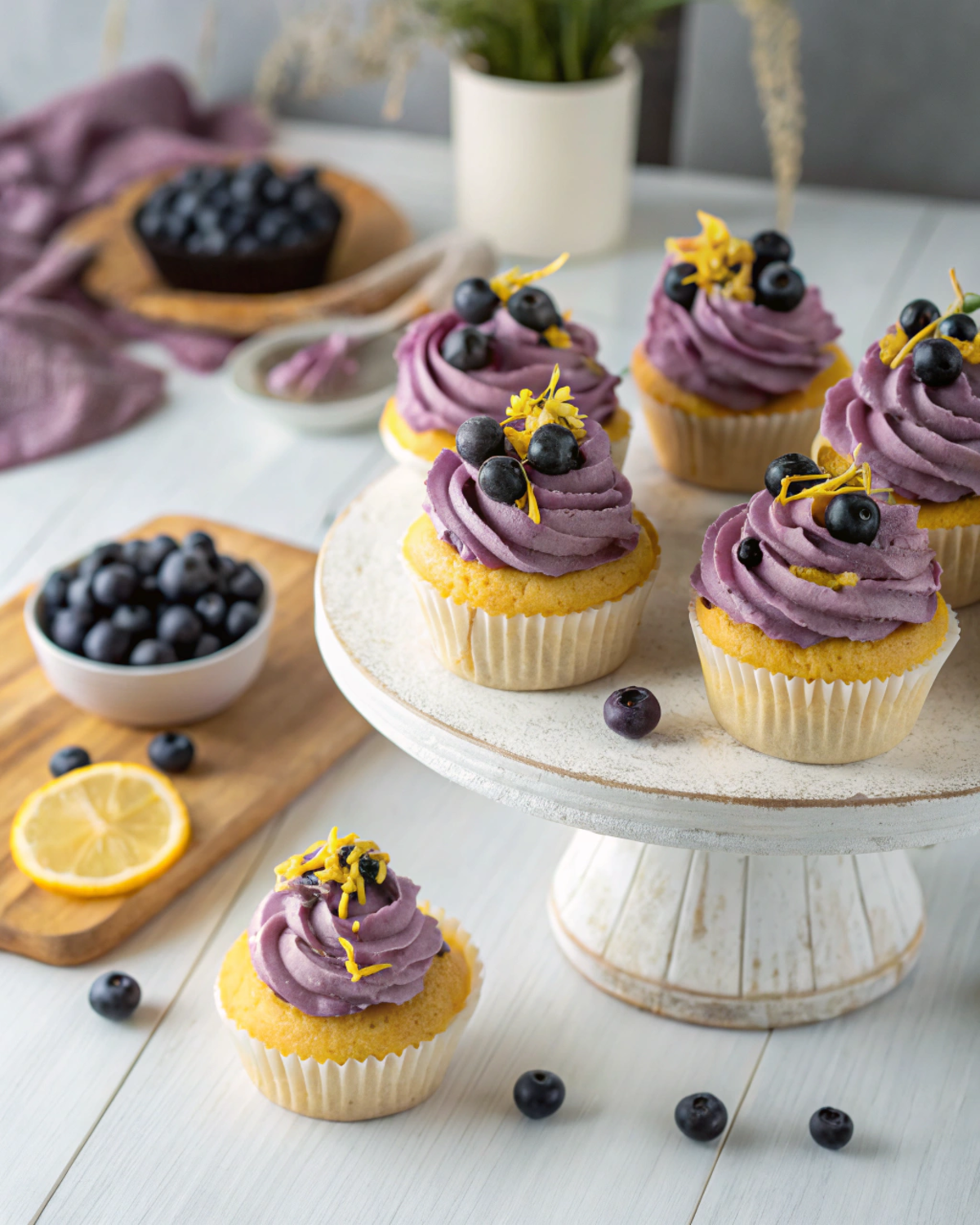 Lemon cupcakes topped with blueberry frosting and lemon zest on a cake stand.