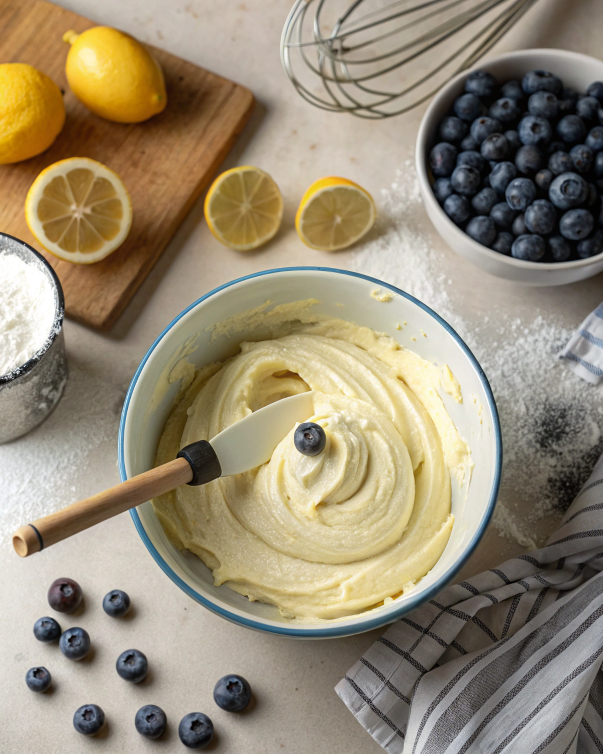 Lemon-blueberry frosting in a bowl with ingredients around it.