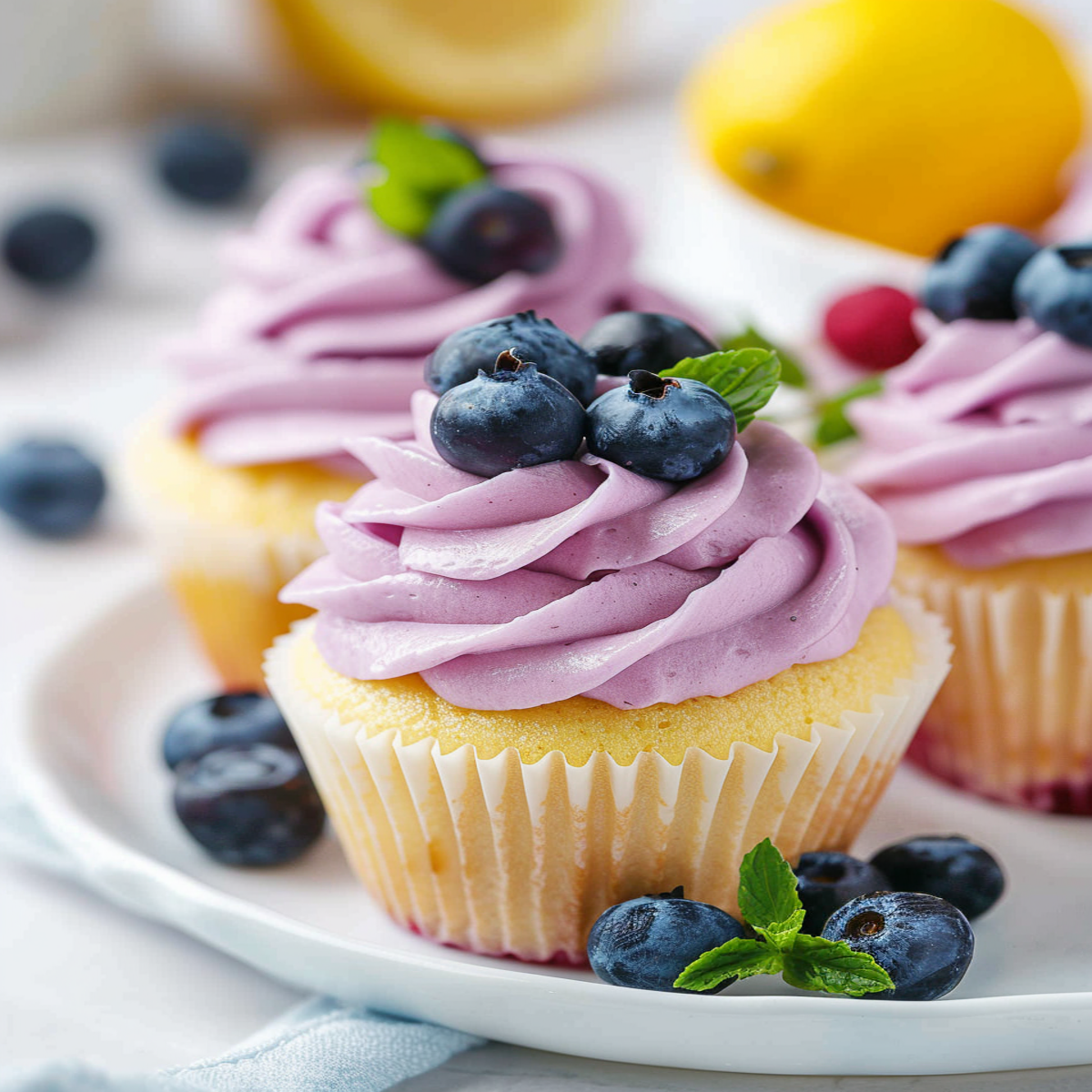Close-up of a lemon cupcake with lemon-blueberry frosting.