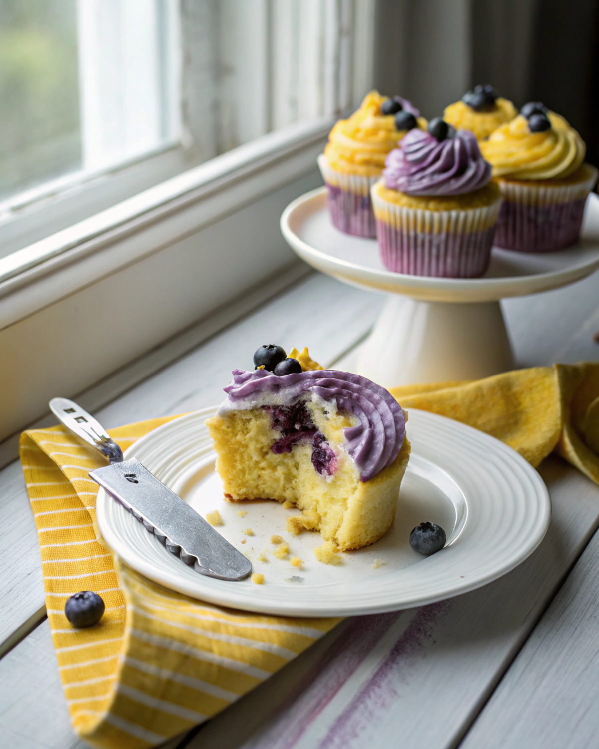 Lemon cupcake sliced in half showing lemon curd filling inside.
