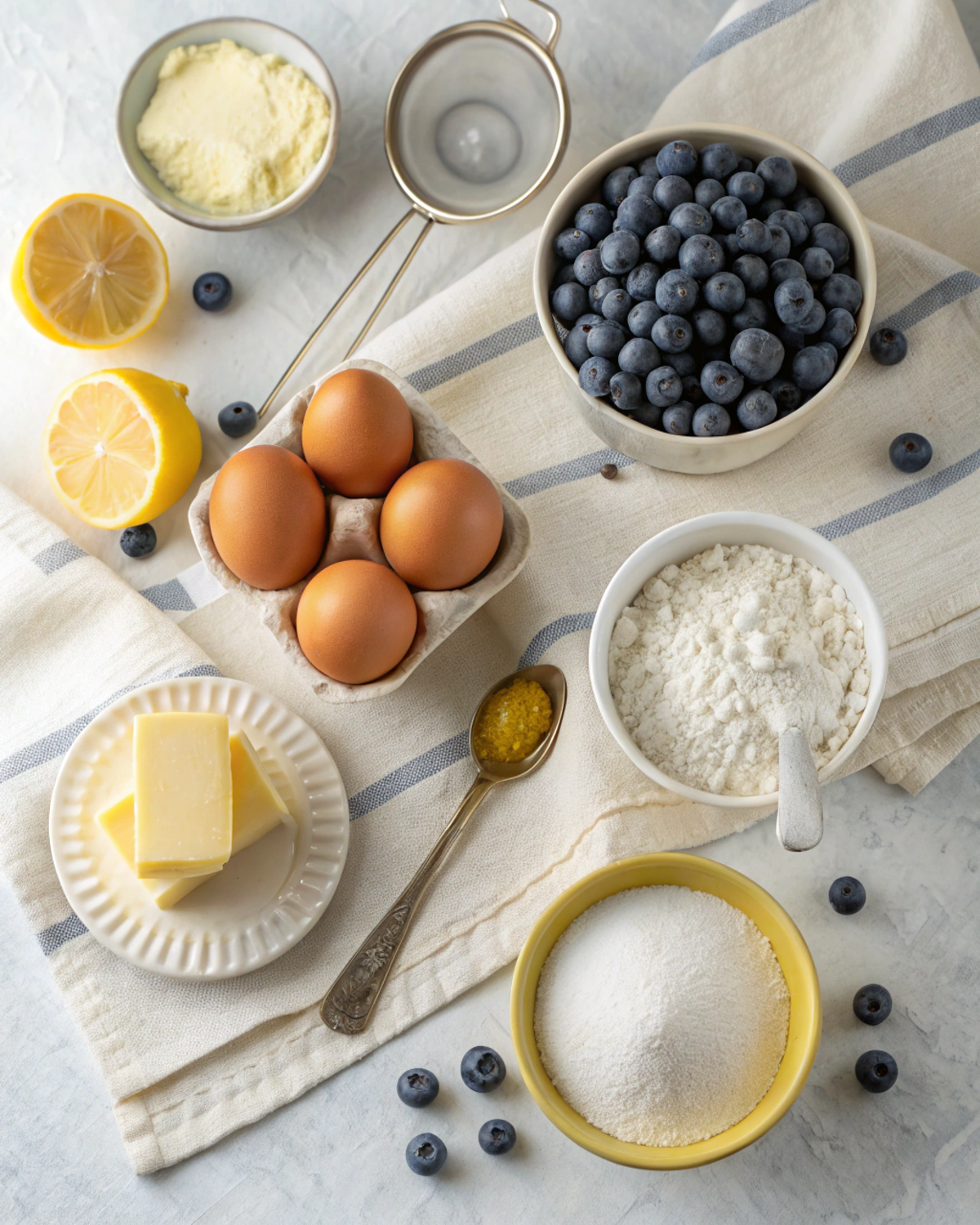 Flat lay of ingredients for lemon blueberry cupcakes.