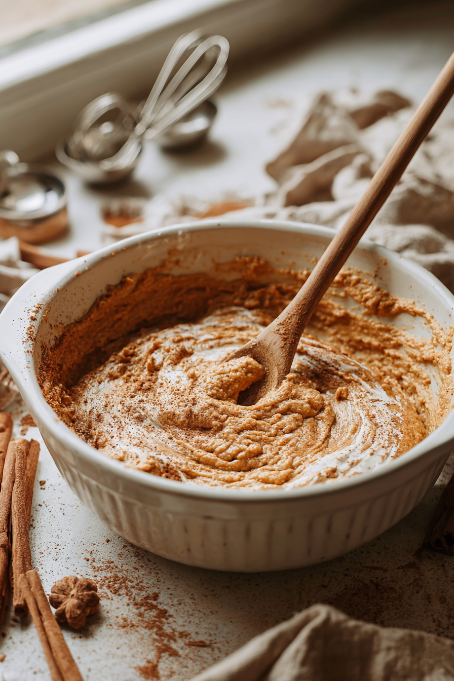 Mixing pumpkin bread batter with spices in ceramic bowl