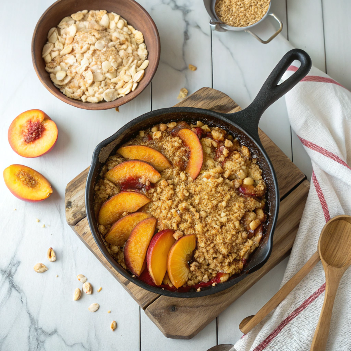 Peach crisp in a cast-iron skillet with golden oat topping