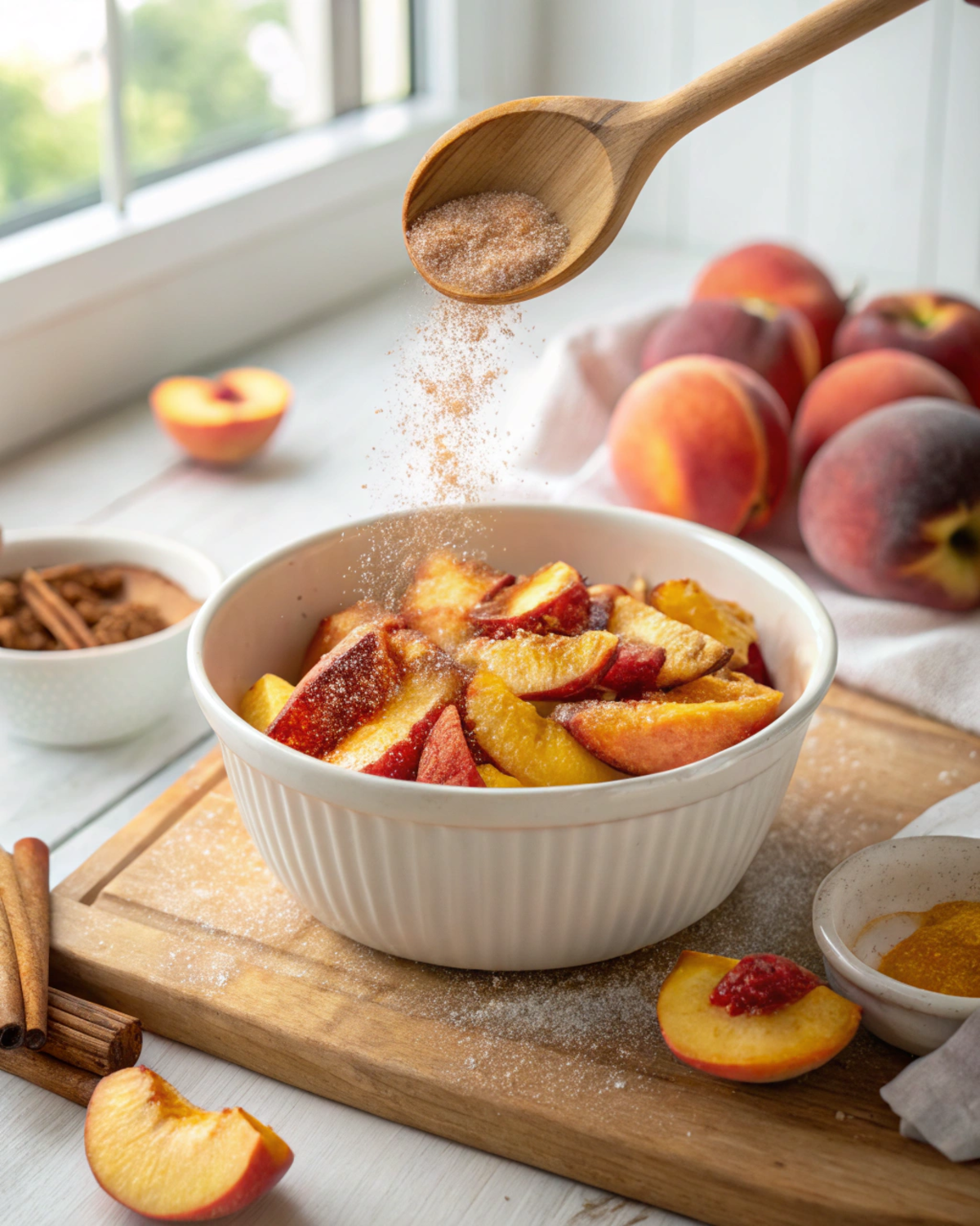 Fresh peach slices in a bowl with sugar and cinnamon