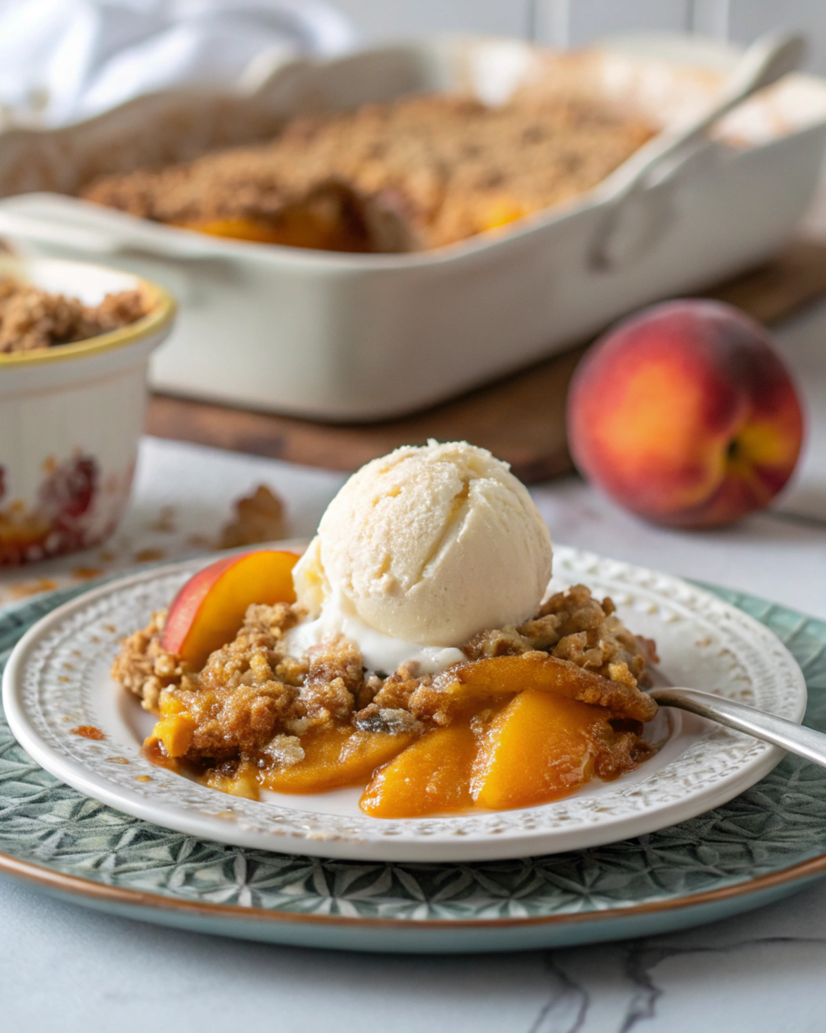 A plated peach crisp with ice cream melting on top