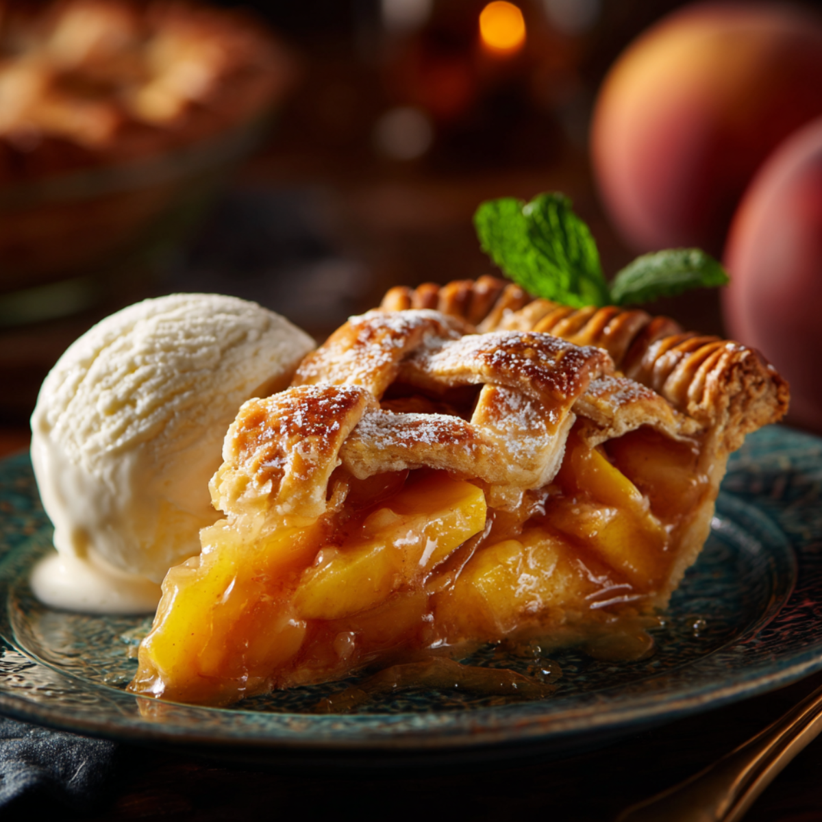 Slice of peach pie with a scoop of vanilla ice cream on top