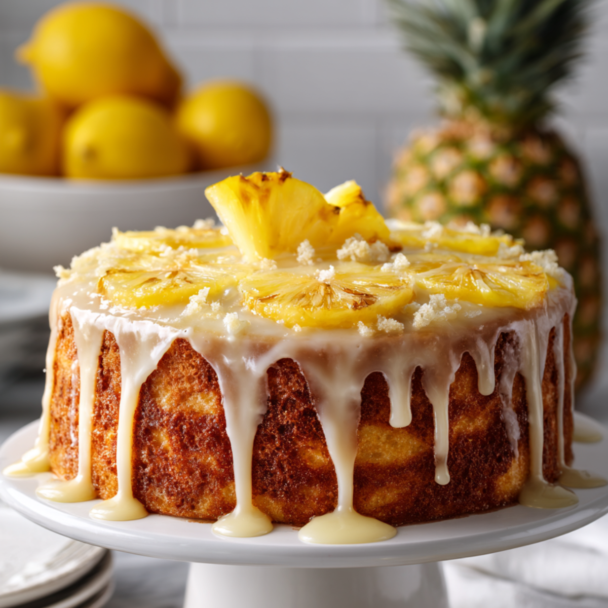 Pineapple Heaven Cake with pineapple glaze and fruit topping
