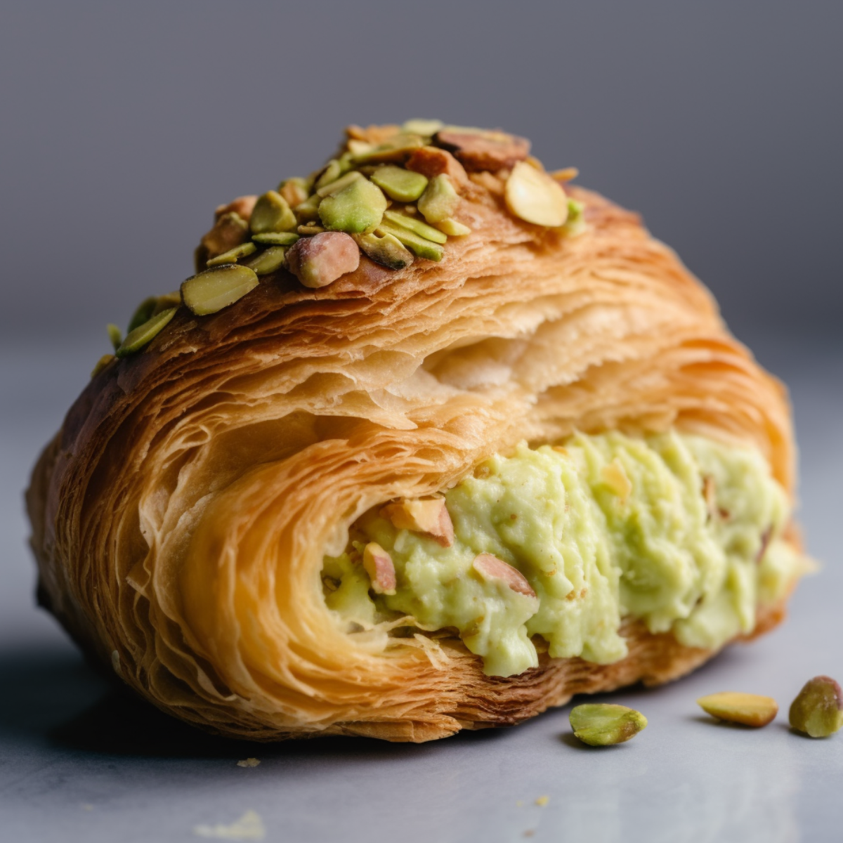 Halved pistachio croissant showing creamy green filling on marble