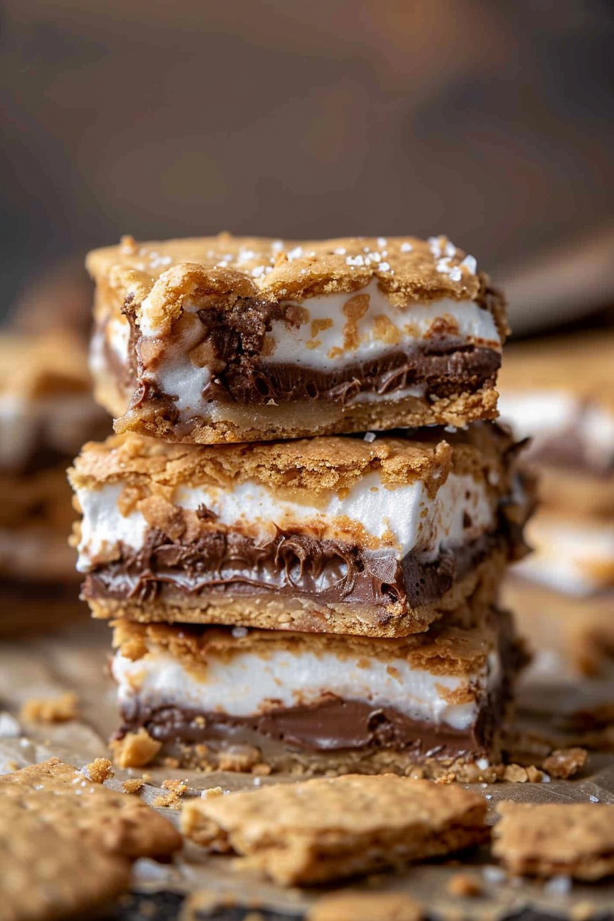 Stack of gooey s’mores cookie bars with melted chocolate and marshmallow fluff