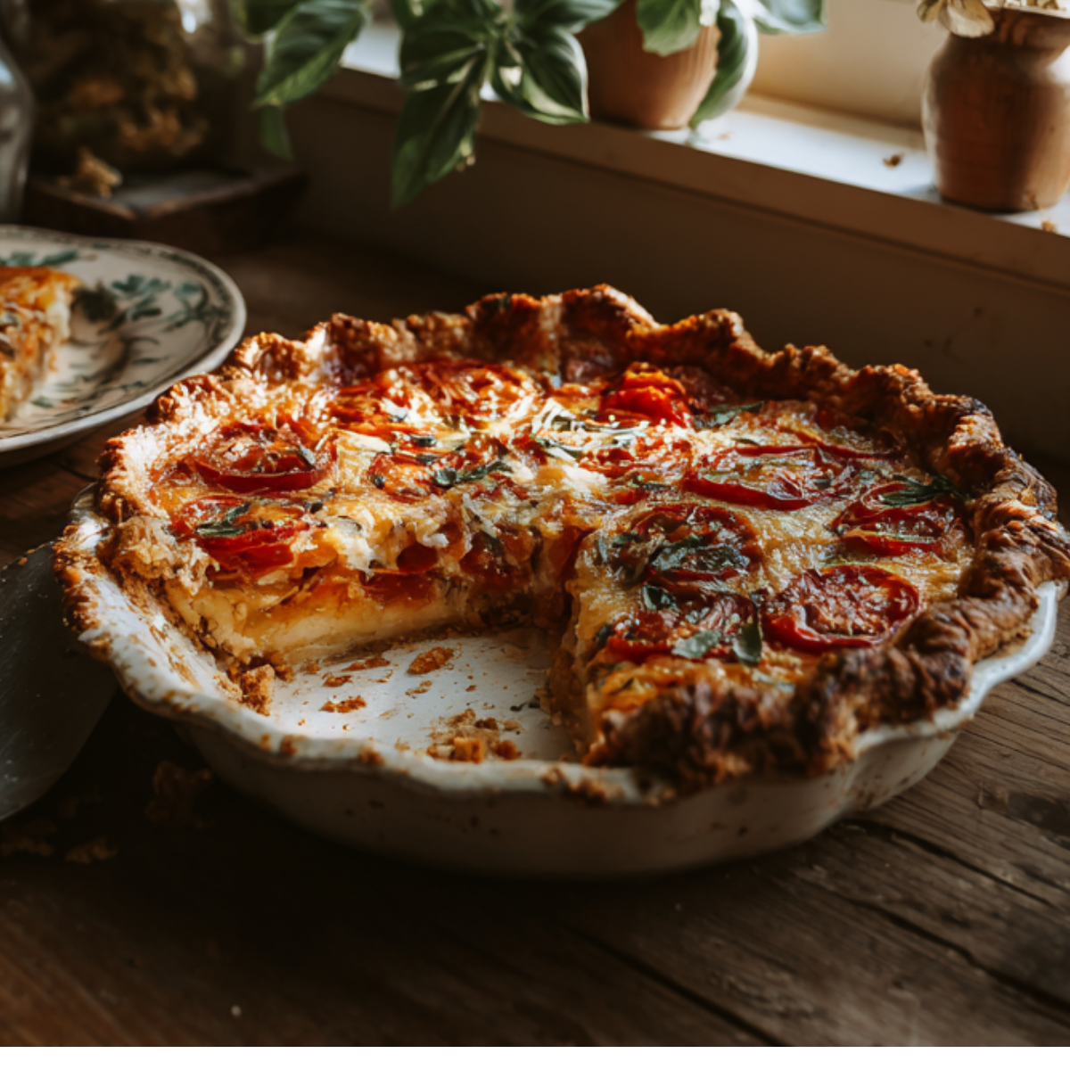 Slice of tomato pie on plate with full pie behind