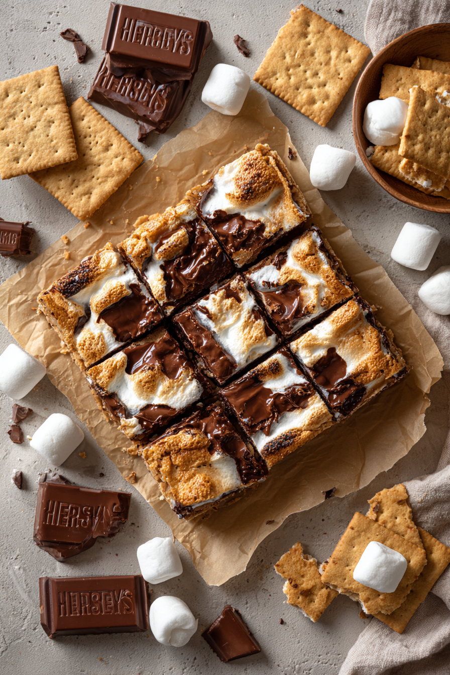 Overhead view of golden brown s’mores cookie bars cut into squares with melted chocolate and toasted marshmallow